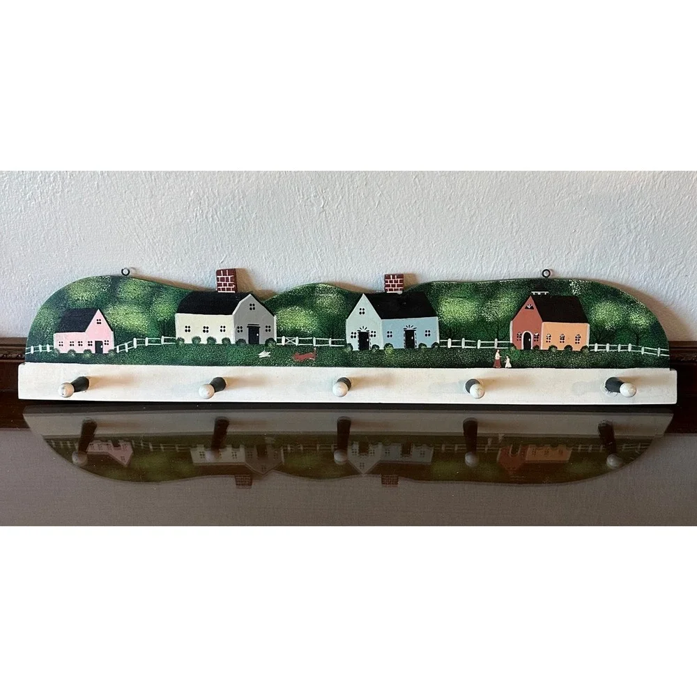 Vintage Folk Art Hand Painted Wood Wall Rack 5 Peg Village Scene Key Coat Hanger